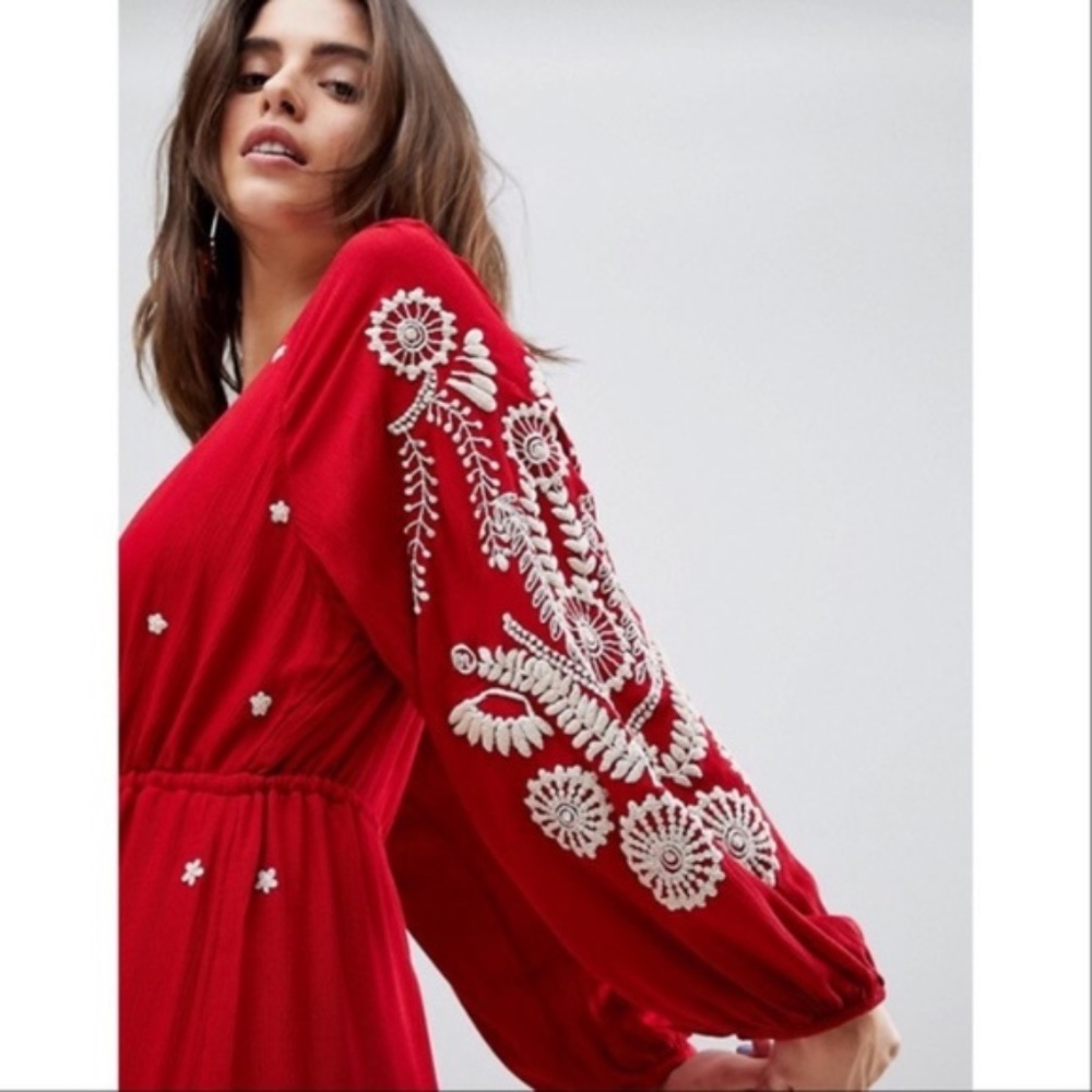 Free People Red White Floral Embroidered Wide Leg Long Sleeve Jumpsuit Size XS - Picture 2 of 9
